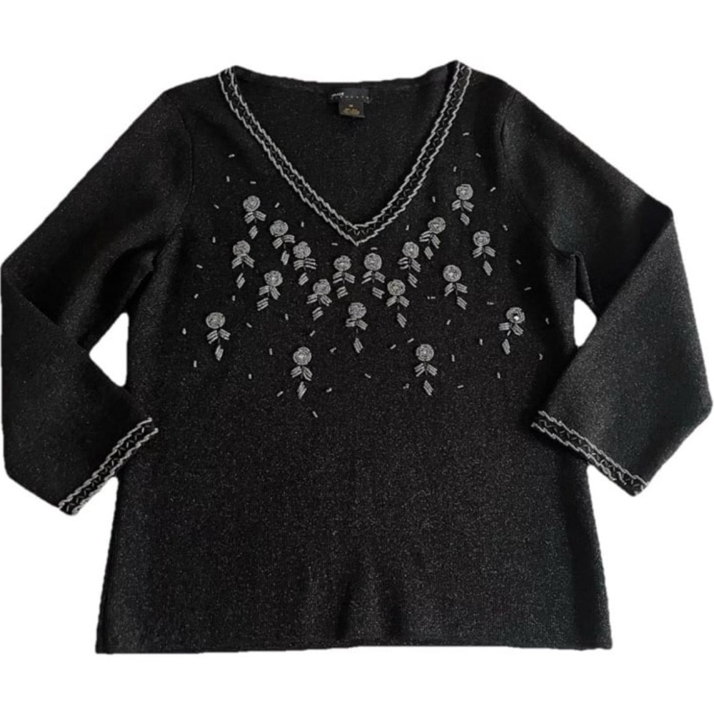 Women's Grace Elements Black Evening Knit Sweater Top Size M Silk Blend Beaded